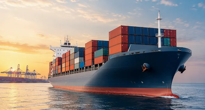 Container ship loaded with freight containers at sea