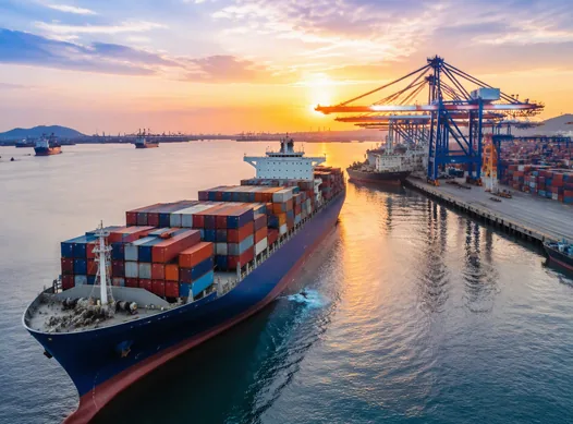 Container ship arriving at port at sunset